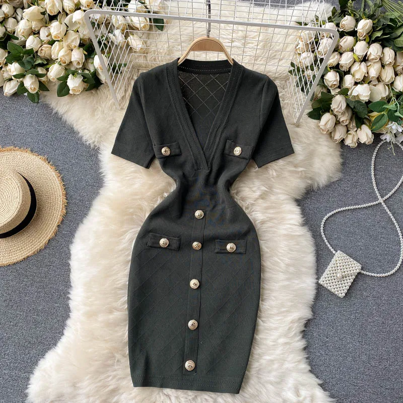 

CINESSD Ladies Temperament Sexy Long Dress V Neck Short Sleeve Slim Waist Button Design Package Hip Knitting Skirt Female Vestir