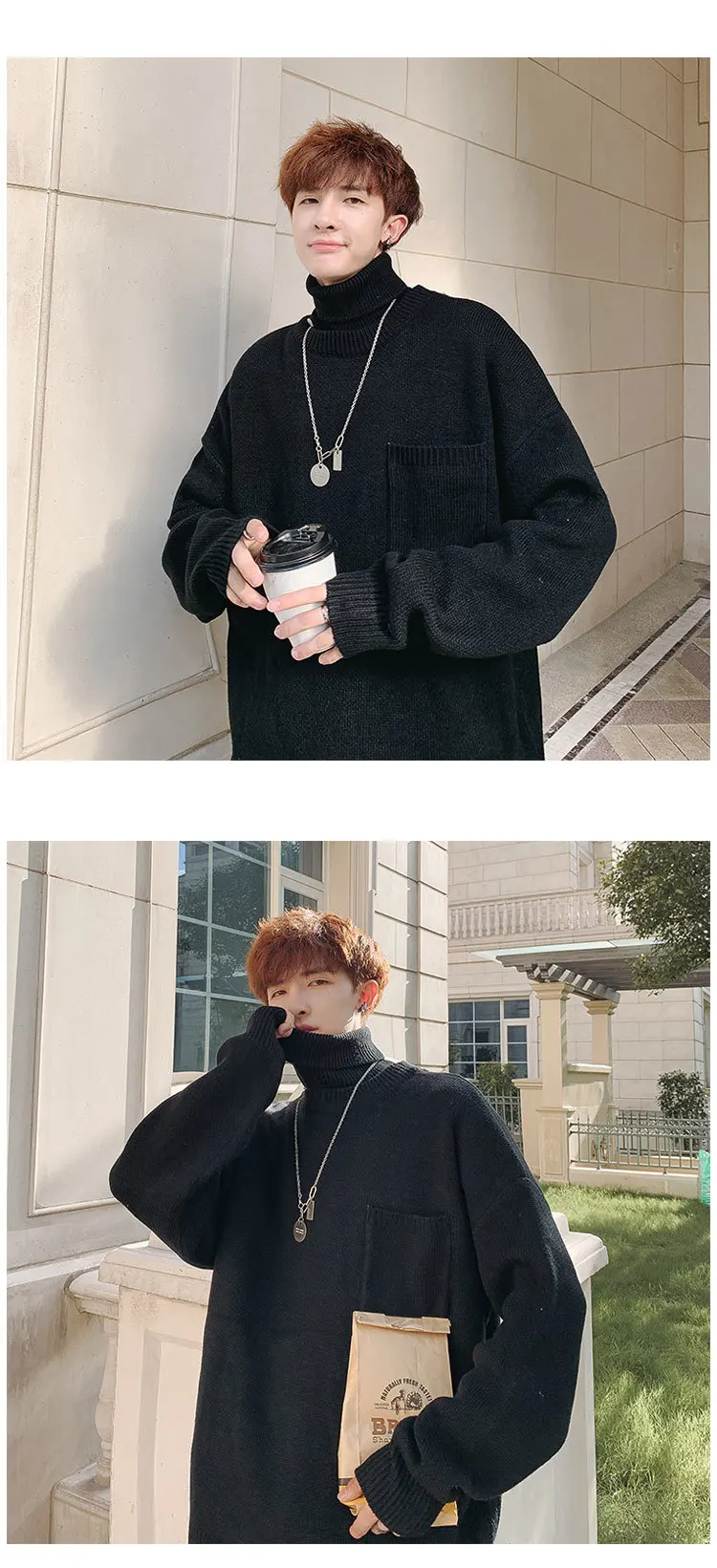 Winter High Collar Sweater Men's Warm Fashion Solid Color Casual Knit Pullover Men Loose Collar Detachable Sweater Male Clothes