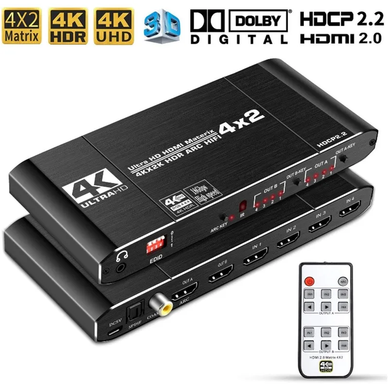 Матричный коммутатор 4x2 HDMI 2 0 сплиттер 4K @ 60 Гц 4:4:4 4 в выхода с ИК-пультом