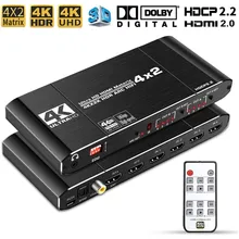 4x2 hdmi 2.0 interruptor de matriz divisor 4k @ 60hz 4:4:4 switcher 4 em 2 para fora com controle remoto ir apoio arco hdcp 2.2