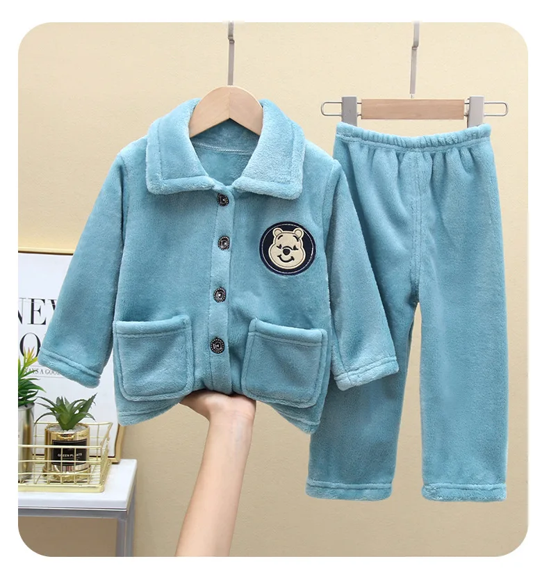 New 2021 Kids Boys Girls Autumn Winter Soft Flannel Pajama Sets Cartoon Long Sleeve Lapel Tops with Pants Sleeping Clothing Sets toddler boy nightgown