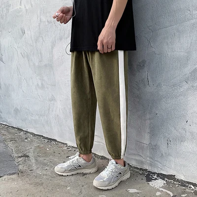 Color Patchwork Sports Pants Men Plus Fertilizer Nine Pants Male Hip Hop Style Casual Straight Pants Autumn Mens Long Fashion - Color: Army green