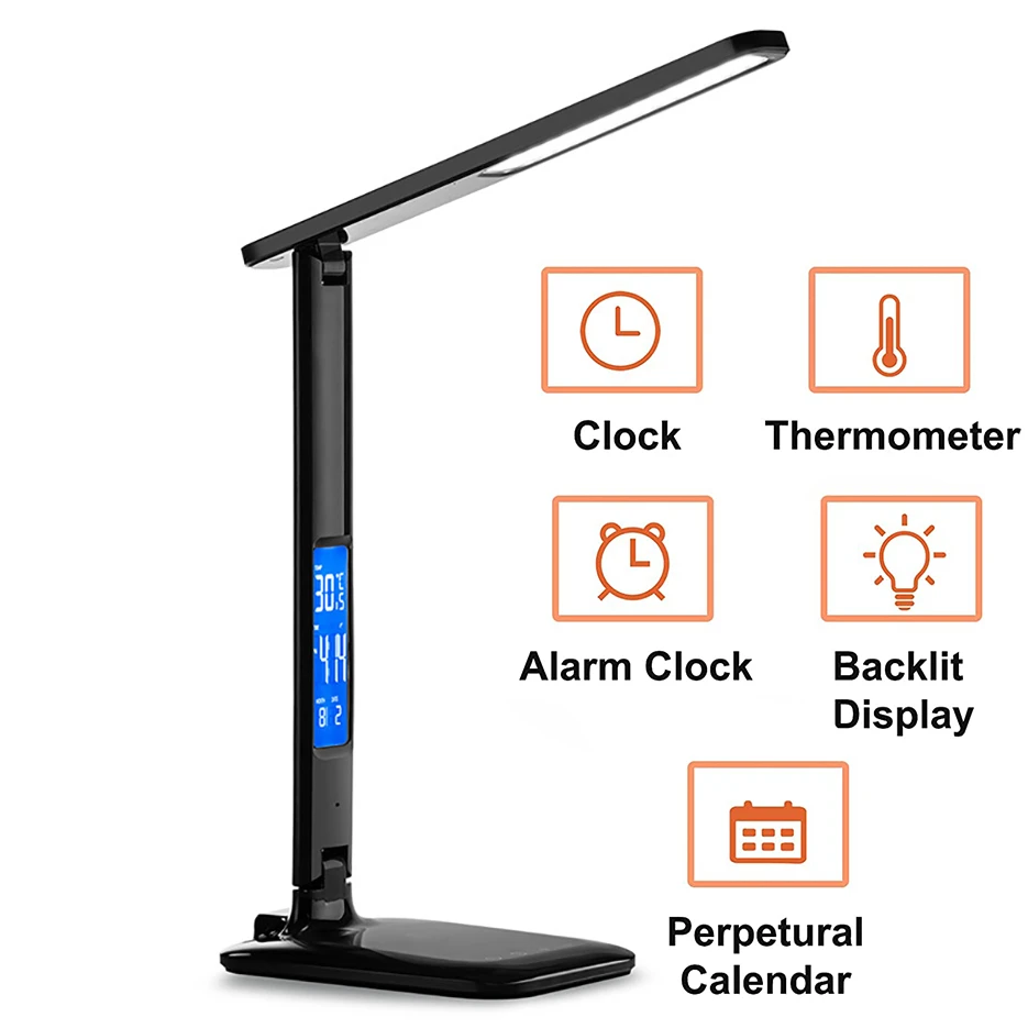 Lampe De Bureau Led Avec Thermomètre Heure Et Date Lampe de bureau LED pliable à intensité réglable, avec chargeur sans fil,  Port de chargement USB, horloge à écran LCD, alarme, Date, soins oculaires  | AliExpress