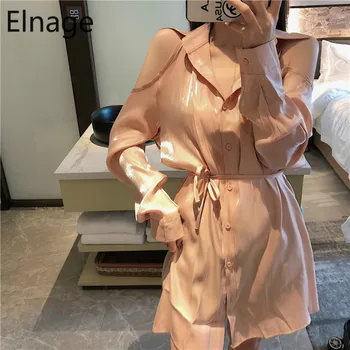 

Elnage Korean Fashion Solid Satin Loose Off The Shoulder Shirts Long-sleeved Tops Women's Spring Clothes Mid-length Blouse 5A363