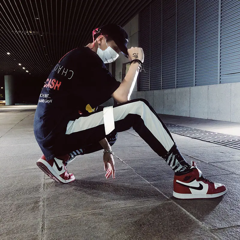 Многоцветный ins Men Pants Casual Mens hip hop rap Male Trousers street boy quick-dry Straight Full breathing loose ankle banded Pant - Цвет: Многоцветный