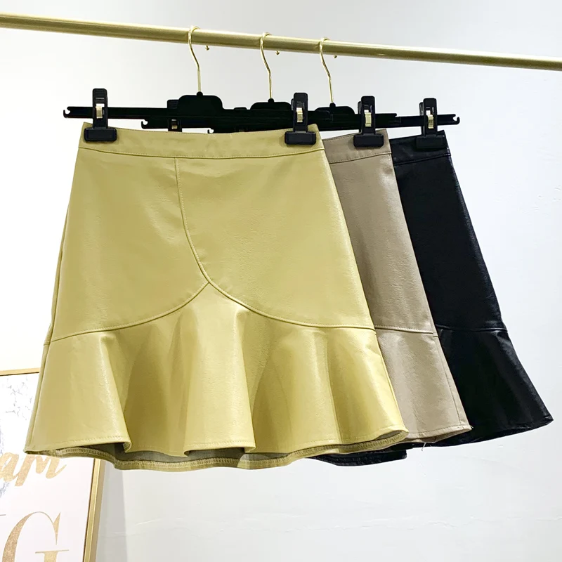 

Fashion Ruffles Ladies Jupe Femme Slim PU Leather Autumn Winter Mini Short Skirt Women Falda High Waist Casual A-Line Skirts