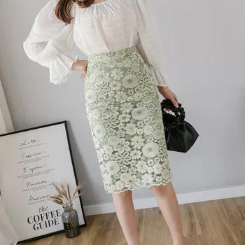 

Spring Summer 2020 Women Lace Pencil Skirts Korean OL Style High Waist Jupe Ladies Wrap Sexy Sheath Midi Skirts Falda Mujer