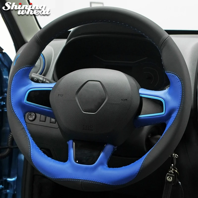 Блестящая Пшеница из натуральной кожи ручная работа чехол на руль для Renault K-ZE - Название цвета: Black blue leather