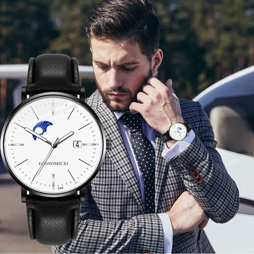 

Personalized Casual Fashion Leather Pin Buckle 30m Waterproof Three Eye Luminous Men's Watch мужские часы