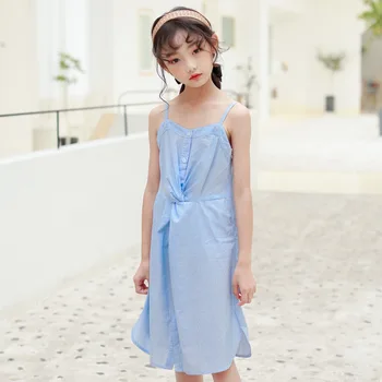 

2020 Summer New Big Girls Suspender Dress Fashion Striped Waist Design Girl Blue Beach Dress 6-15Y Kids Clothes