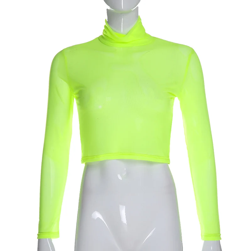 Neon Green Darlingaga прозрачный неоновый сетчатый топ Женская футболка Водолазка с длинным рукавом Базовая футболка неоновый зеленый сексуальный укороченный Топ Футболка уличная одежда - Цвет: Neon Green