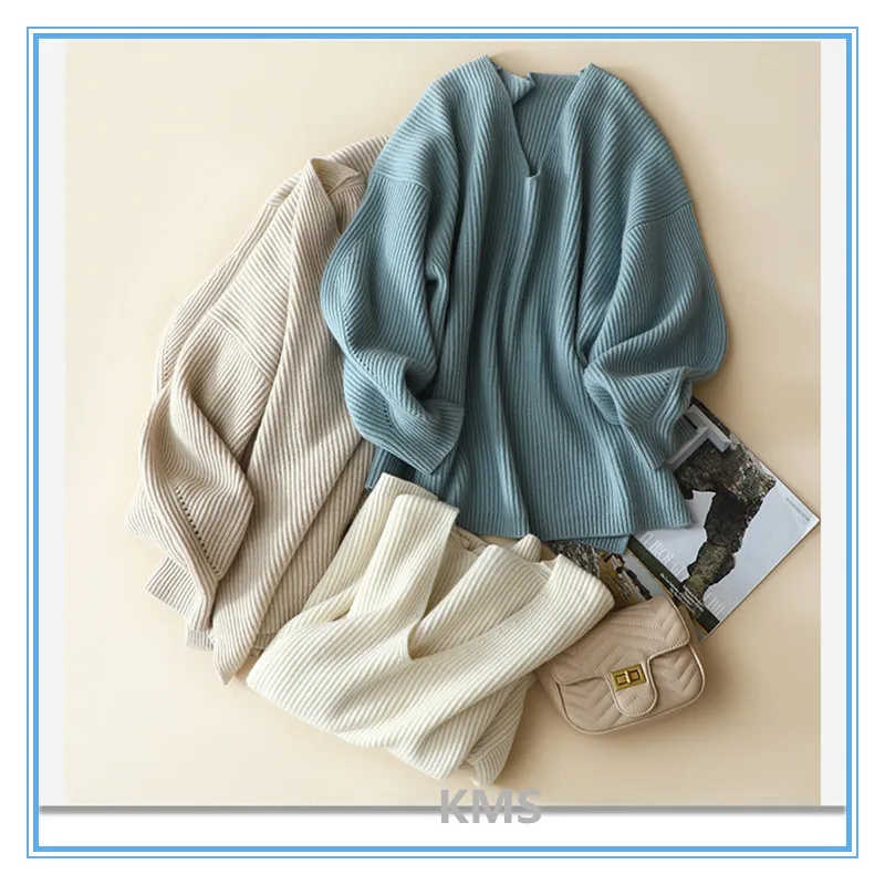 

KMS Cashmere V-neck Loose Simple Split Pullover Knitted Cashmere Sweater for Women One size Three Colors