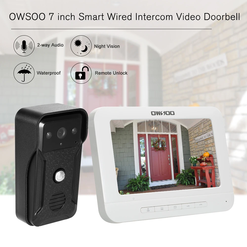 

OWSOO 7 Inch Wireless Video Door Phone Intercom System with IR-CUT Rainproof Outdoor Wired Doorbell Camera Support Remote unlock