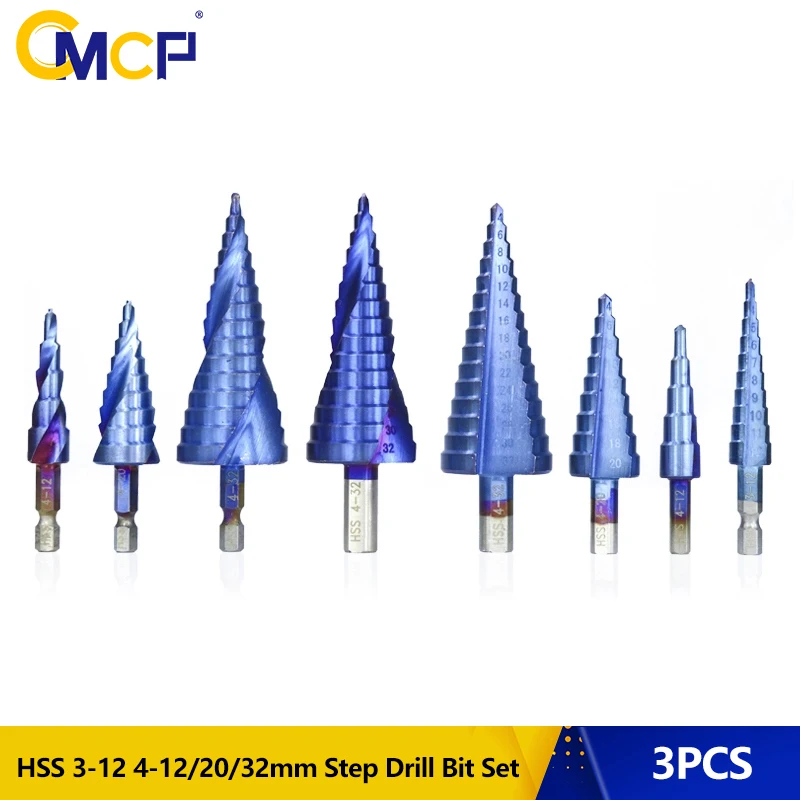 

3pcs Nano Blue Coated Hole Cutter HSS 3/4-12 4-20mm 4-32mm Cone Drill Bit For Metal Drilling Round/Hex Shank Step Drill Bit Set
