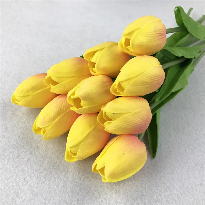 10 шт./партия ПУ-тюльпаны, искусственные цветы, настоящие на ощупь, искусственные, для декора, мини тюльпаны для дома, свадебные украшения, шелковые цветы - Цвет: Dark yellow