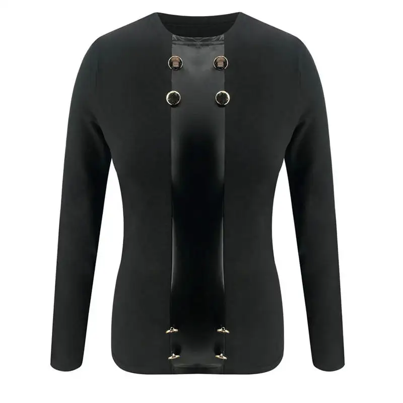 Современная леди выходные повседневная черная кнопка круглый воротник Slim Fit Tee осень женская футболка Топ - Цвет: A1