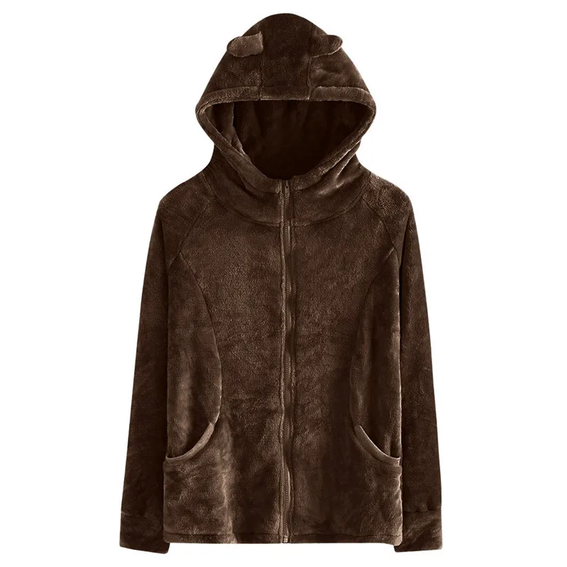 Свитер для женщин, женская модная однотонная куртка из искусственного меха с заячьими ушками, плюшевая толстовка на молнии с карманом, Топ для женщин
