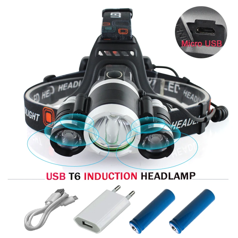 

Induction rechargeable sensor motion head lamp head torch led headlamp 18650 headlight usb XML T6 Camping lantern lampe frontale