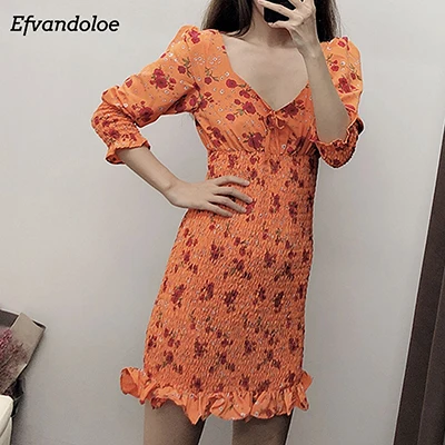 Efvandoloe цветочное оранжевое платье для женщин элегантные вечерние цветочные тонкие летние платья - Цвет: Оранжевый