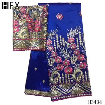 

HFX Nigerian lace fabric 2020 high quality lace Embroidery African Silk George lace fabric with Beads 5+2 yards for Dress F3434