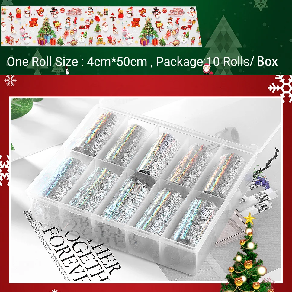 10 rolls/box Christmas nail foil transfer sticker decals snow sliders for nails art designs manicure snowflake decorations 6