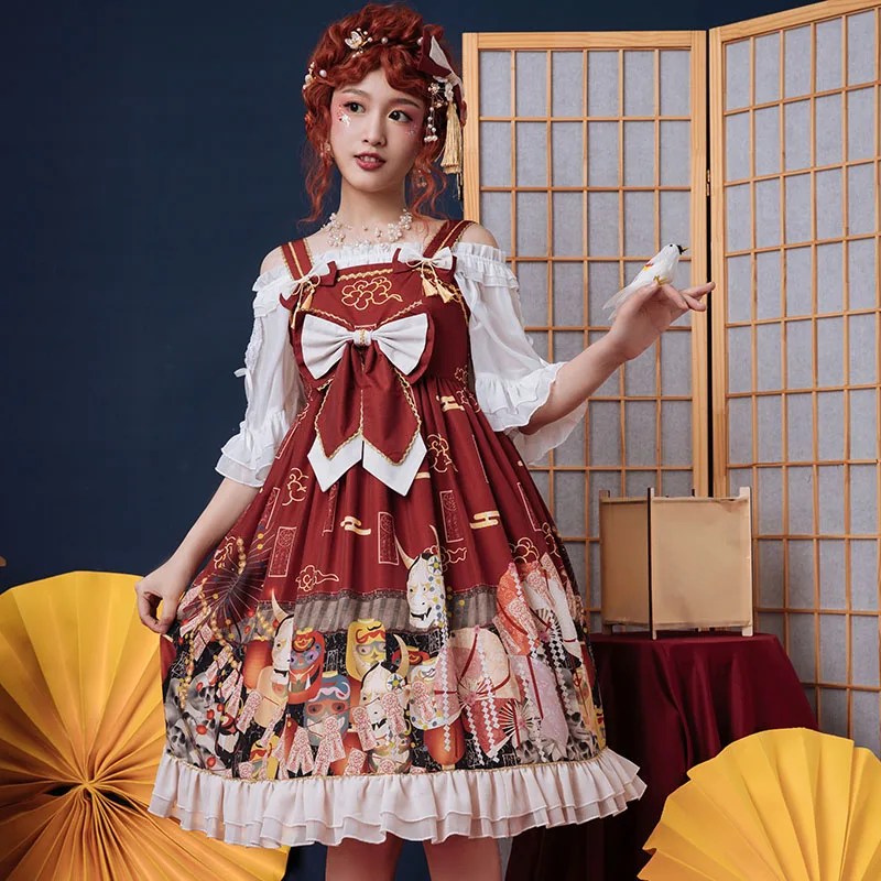 

Vintage Wine Red Lolita Jsk Dress Women Retro Palace Luxury Fashion Sleeveless Strap Summer Kawaii Cosplay Gothic Victorian Loli