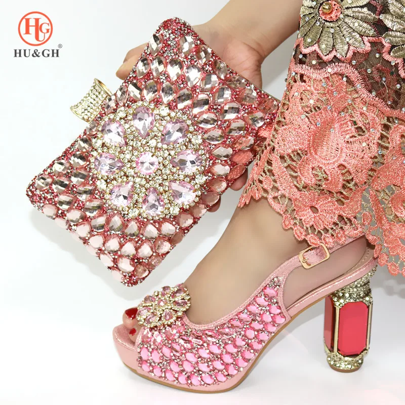 

New Arrival African Shoes And Bag Set Italian Crystal Design Matching Shoes And Bag Set Nigerian For Wedding Party in Pink Color