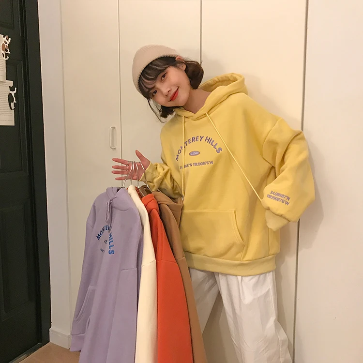 Осенняя негабаритная Толстовка, зимняя Корейская женская одежда harajuku, модная Ретро Толстовка с буквенно-цифровым карманом и вышивкой для женщин