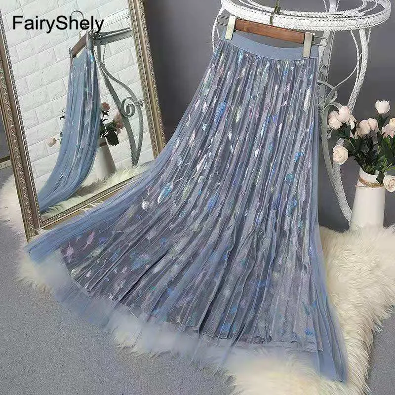 FairyShely осень зима черный тюль юбки женские бархатные плиссированные длинные юбки для дам эластичная высокая талия Павлин юбка миди