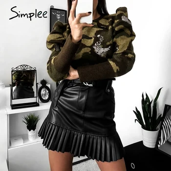 

Simplee PU leather sash belt women mini skirt High waist ruffle pleated female a-line skirt Sexy party club ladies short skirts