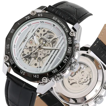 

Mechanical Watch Men Automatic Skeleton Dial Watches for Male Leather Band Silver Stainless Steel Case reloj automatico