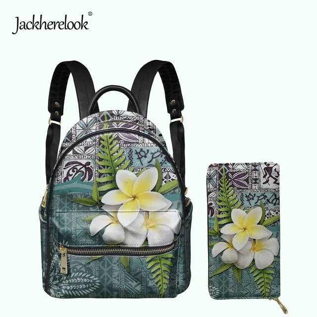 Jackherelook Hawaiian Samoan Polynesian Foral Print Women PU Mini Backpack Clutch Wallet 2pcs/Set Girls Small Campus Schoolbag HTO2468