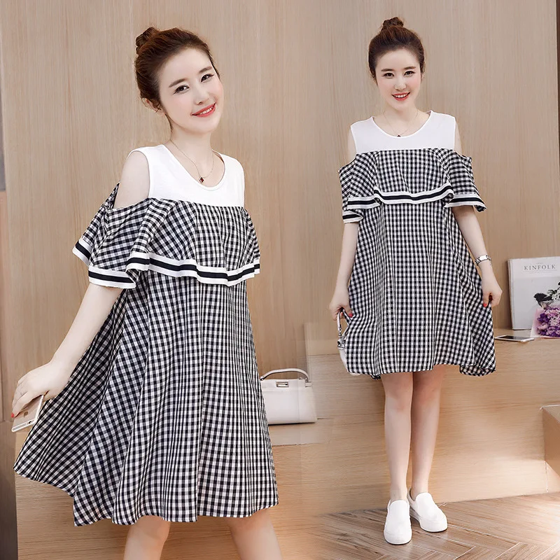 

Maternity Clothes 2019 Summer New Style Korean-style Fashion off-Shoulder Plaid Loose And Plus-sized Pregnant Women Dress