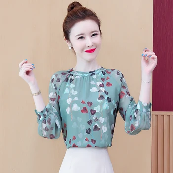 

COIGARSAM Fashion Full Sleeve blouse women New Spring Print Chiffon O-Neck blusas womens tops and blouses Green 9507