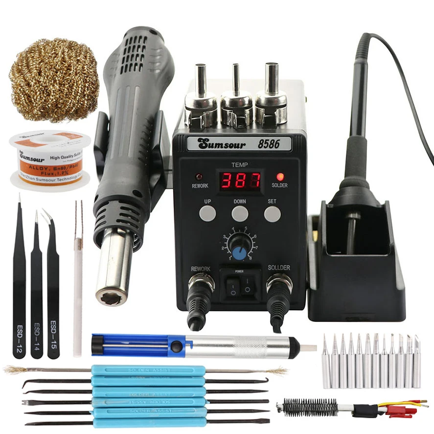 hot air soldering 8586 Soldering Station LCD Display Adjustable Temperature Electric Soldering Iron Hot Air Gun 2In1 Rework Welding Repair Tool hot stapler plastic welder Welding Equipment