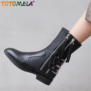 

TOTOMELA Plus size 34-41 Genuine leather boots women zipper buckle ladies ankle boots punk ladies shoes