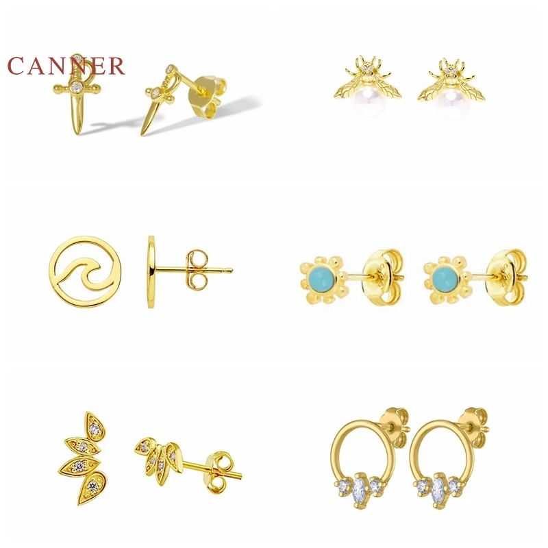 CANNER Real 925 Sterling Silver Earrings For Women Turquoise Small Origin Beetle Pearl Dagger Stud Korean Jewelry | Украшения и