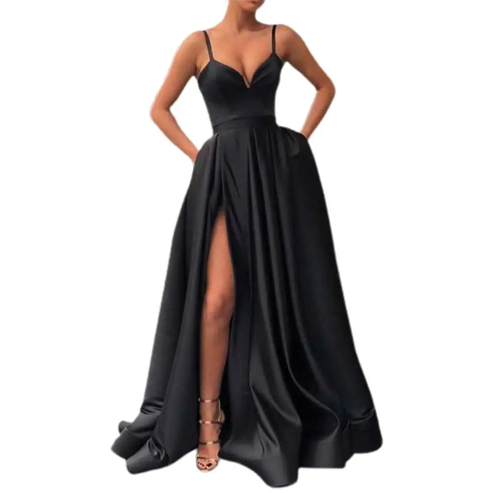 Party Dress for Wedding Women Elegant Side Slit A-Line Satin Sleeveless Spaghetti Straps Banquet Maxi Dress Wedding