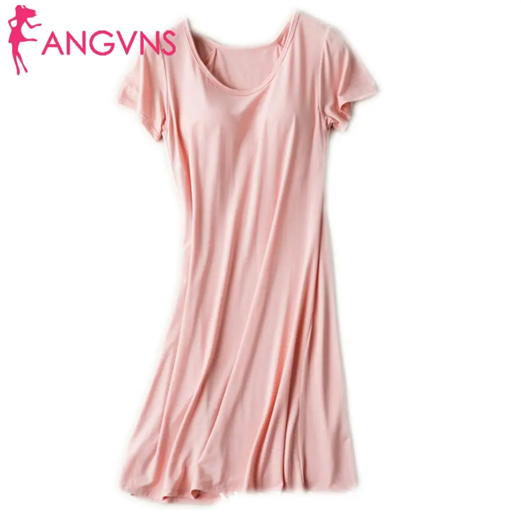pink Women Casual Solid O-Neck Short Sleeve Nightdress Summer With Loose Sleep Wear Knee Length Pads Pullover - Цвет: pink