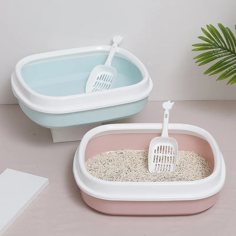 

2020 New Simple Style Pet Products Semi Enclosed Cat Litter Basin Toilet Shovel Splash Proof Oval Litter Basin