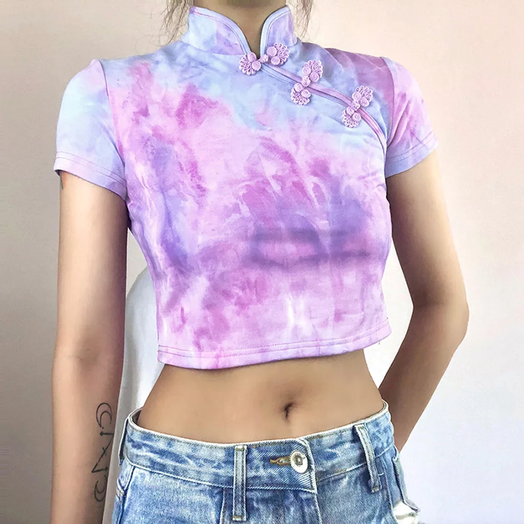 Женская футболка Чонсам с принтом в стиле Tie-dye на пуговицах коротким рукавом топ