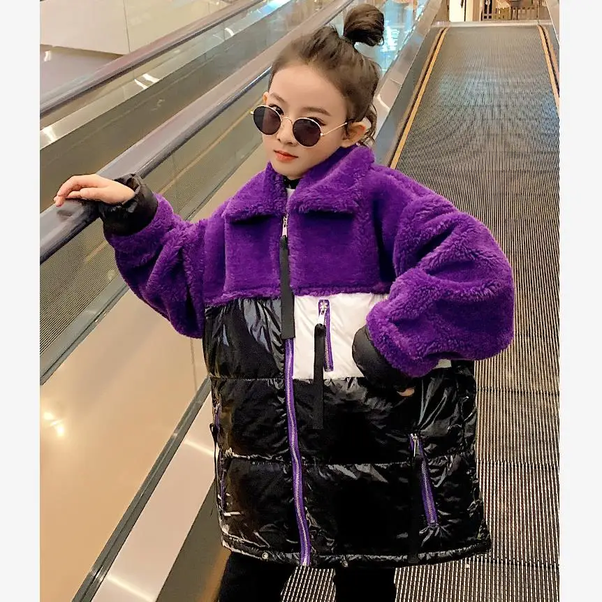 

Imitation Lamb Hair Girls Cotton coat Winter New granule Velvet Stitching Glossy Warm Cotton Jacket Moids kids outerwear Y2494