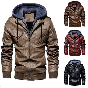 

Mens PU Leather Outwear Hoodie Motorcycle Coat Biker Style for Fall Winter Warm Coat &T8