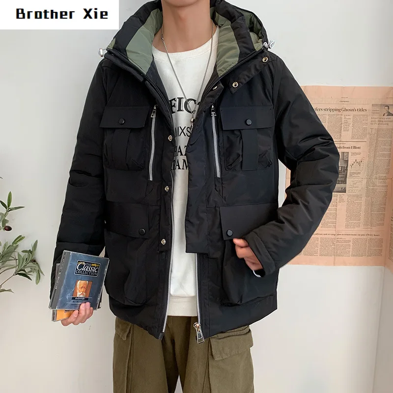 

Winter Down Jacket Men's Slim Warm Fashion Parka Men Solid Color Casual Hooded Coat Man Wild Multi-pocket Tooling Jacket Male