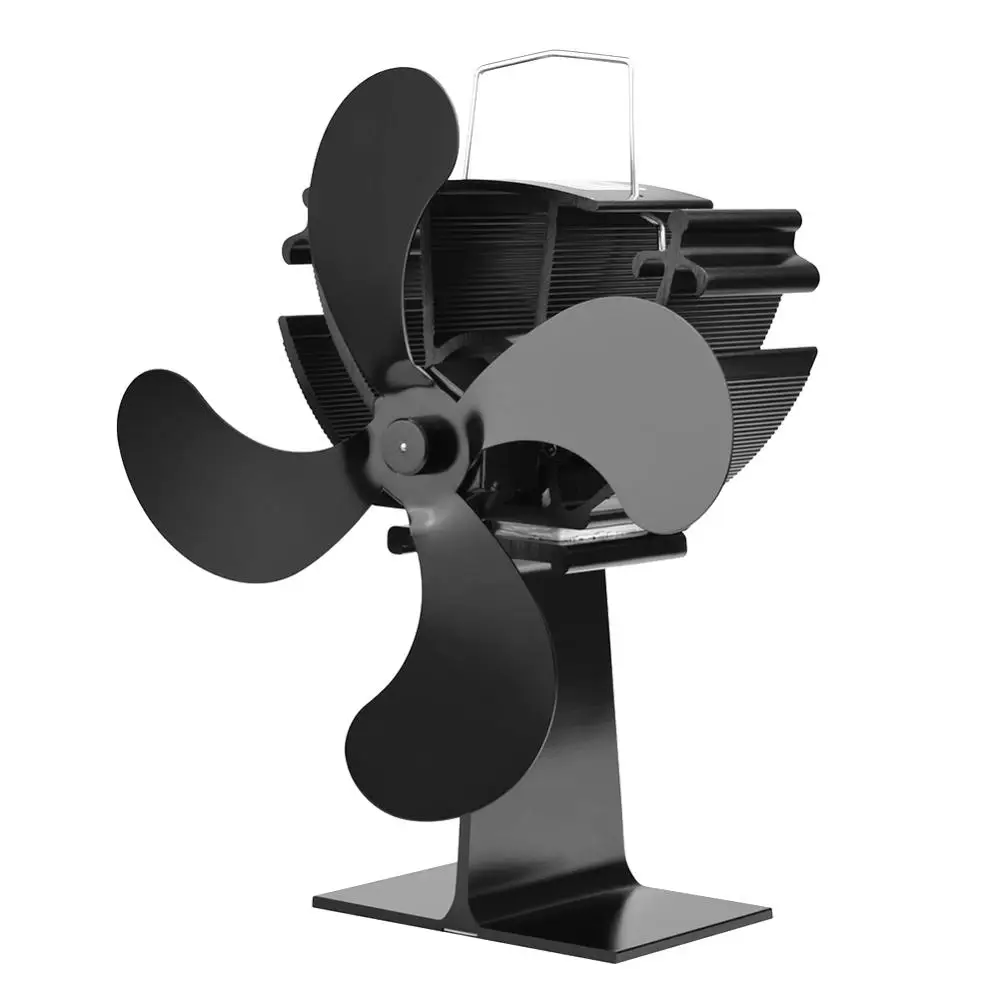 Black Fireplace 4 Blade Heat Powered Stove Fan Log Wood Burner Eco Friendly Quiet Household Fan Home Efficient Heat Distribution