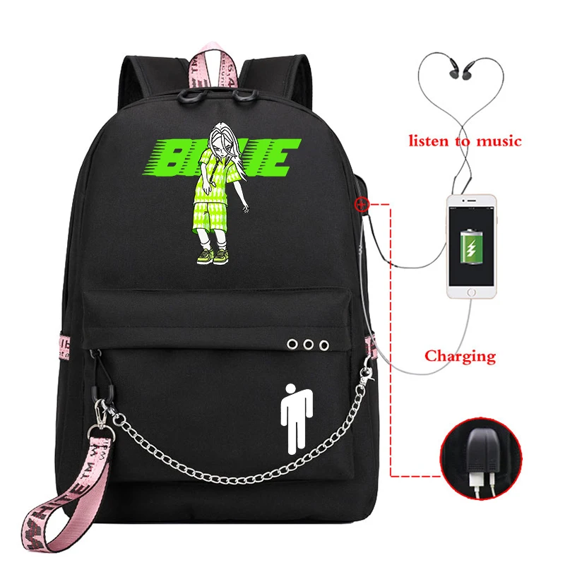 Mochila рюкзак женский Billie Eilish школьные сумки для девочек Usb зарядка Bookbag розовый рюкзак для ноутбука дорожная сумка Harajuku сумка