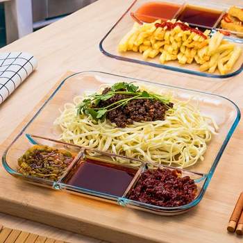 

1pc Transparent Sturdy Glass Durable Practical Food Holder Divided Dinner Tray Dish