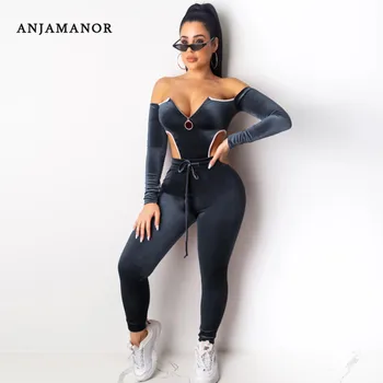 

ANJAMANOR Velvet Two Piece Set Top and Pants Bodysuit Leggings Sexy Women Clothes 2020 Winter Tracksuit Matching Sets D30-AE16