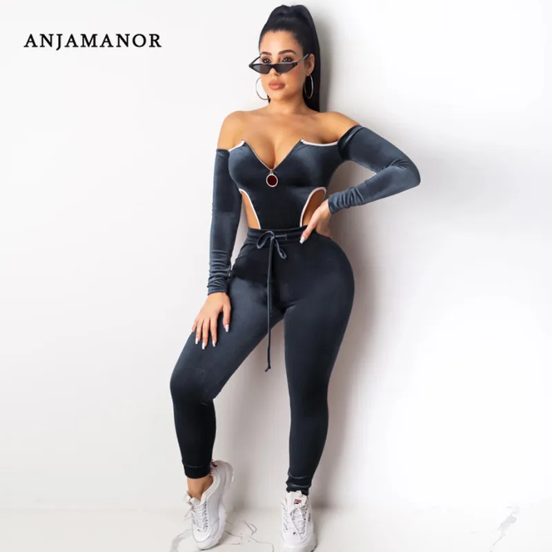 ANJAMANOR/Бархатный комплект из двух предметов топ и штаны боди леггинсы сексуальная