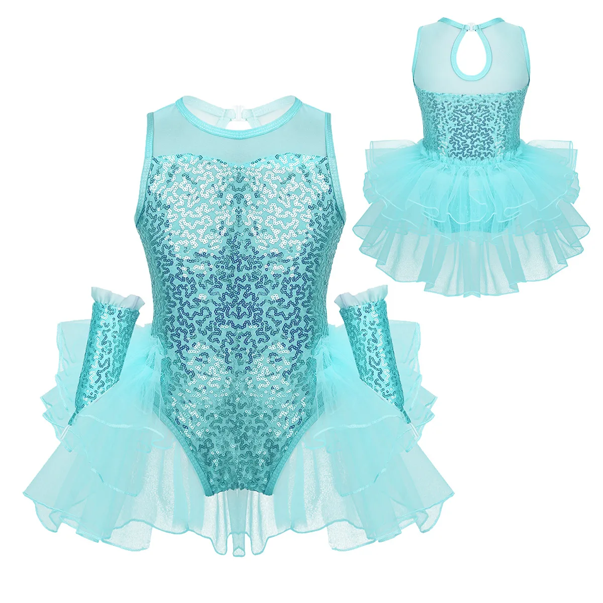 Mint Green ChicTry Детская Одежда для танцев с блестками, гофрированное Сетчатое гимнастическое трико для девочек, балетное платье для фигурного катания, костюм с рукавами - Цвет: Mint Green